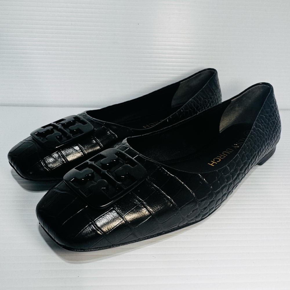 Tory Burch Georgia Black Snake Print Leather Square Toe Ballet Flats Size 9 1/2 - Picture 3 of 12